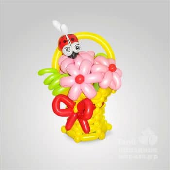 Цветы из шаров, из воздушных шариков букет цветов с корзиной. Цветы из шариков. Ромашки.