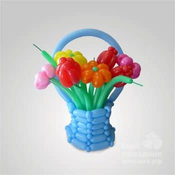 Цветы из шаров, из воздушных шариков букет цветов с корзиной. Тюльпаны и Ромашки из шаров
