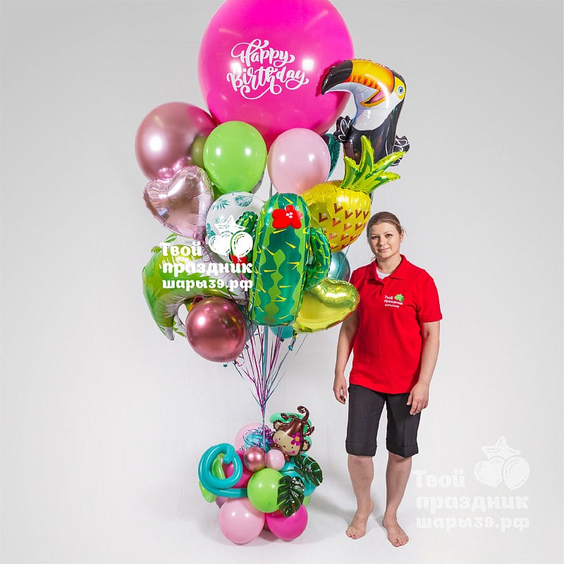 Огромный букет воздушных шаров в тропическом стиле с декоративной подставкой. Шары39.рф
