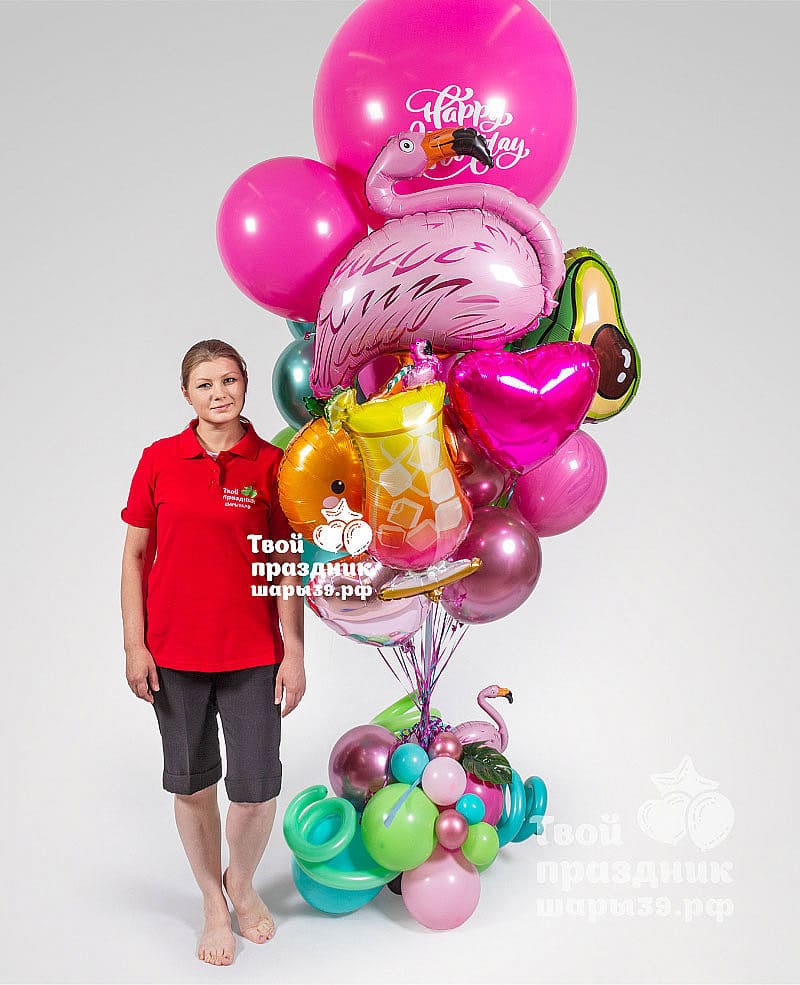 Огромный букет воздушных шаров в тропическом стиле с декоративной подставкой. Шары39.рф