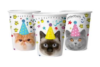 Стакан бумажный одноразовый Котики 250 мл уп. 6шт Стаканы праздничные одноразовые с изображение котиков в колпачках. Шары39.рф, Калининград