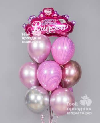 Букет из блестящих розовых и серебряных шаров и суперагатов с малиновой короной, Шары39, Калининград