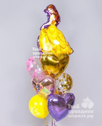 Букет с шарами с конфетти розовым и золотым и фольгированными золотым и фиолетовым сердцами с принцессой Диснея Белль, Шары39, Калининград