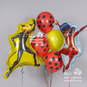 Комплект шаров с фигурами Леди Баг и Супер-Кота, красными в горошек и желтыми шарами, Шары39, Калининград