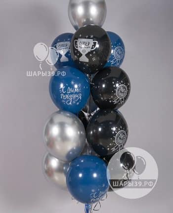 Фонтан из серебряных, синий и черных шаров для мужчины. Шары39, Калининград