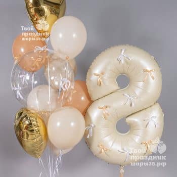 Набор шаров с цифрой с бантиками и баблс в кремовом и персиковом цвете. Шары39, Калининград