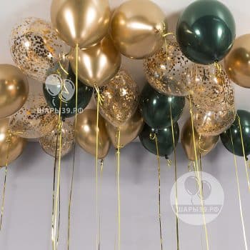 Композиция воздушных шаров «Изумрудный блеск» — золотые и зелёные шары под потолок, Шары39, Калининград, доставка шаров.