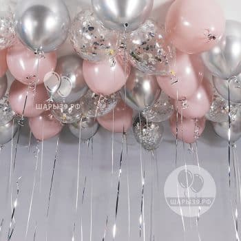 Воздушные шары «Романтика серебра» от «Шары39», Калининград: нежно‑розовые и серебряные шары с конфетти под потолком