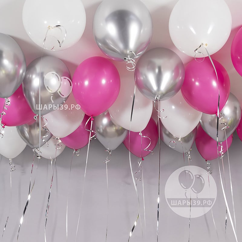 Набор гелиевых шаров под потолок малиновый, серебро и белый — оформление от Шары39, Калининград