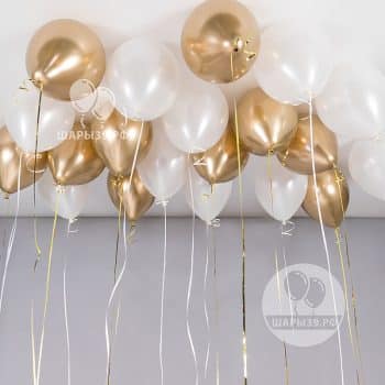 Набор шаров под потолок «Золотой свет» — золото хром и белый металлик, оформление Шары39, Калининград