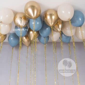 Набор шаров под потолок «Дыхание неба» — ретро-голубой, белый и золото хром, оформление Шары39, Калининград