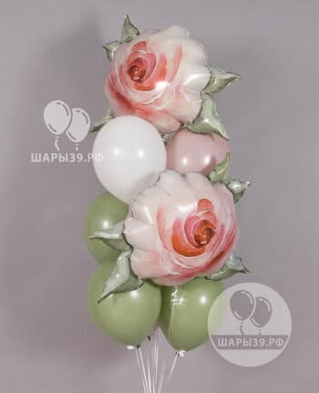 Фонтан из шаров с цветами в пудровых и зелёных оттенках Шары39 Калининград